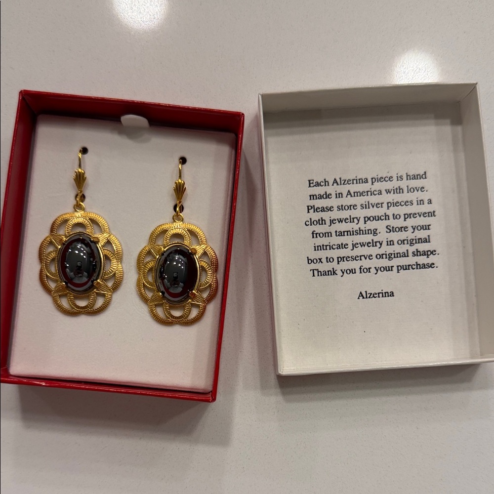 Alzi by Alzerina Magnolia Earrings in Jet Hematite with 24kt gold-plated